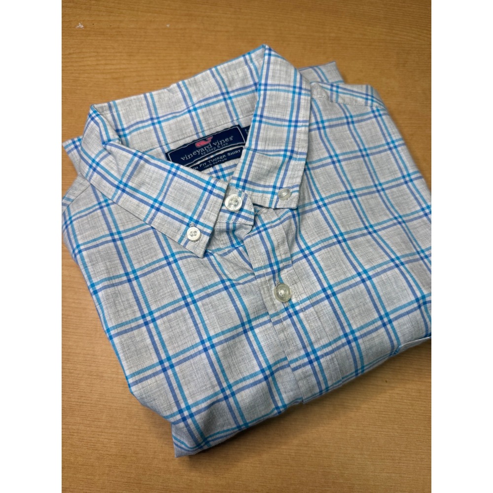Vineyard Vines Mens Slim Fit Tucker Shirt Blue Grey Plaid Cotton Button Down M